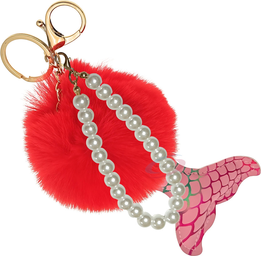iAccessories Fluffy Faux Fur Fairy Pearls Pom Pom for Bags Scooty Bike Car Red Key Chain