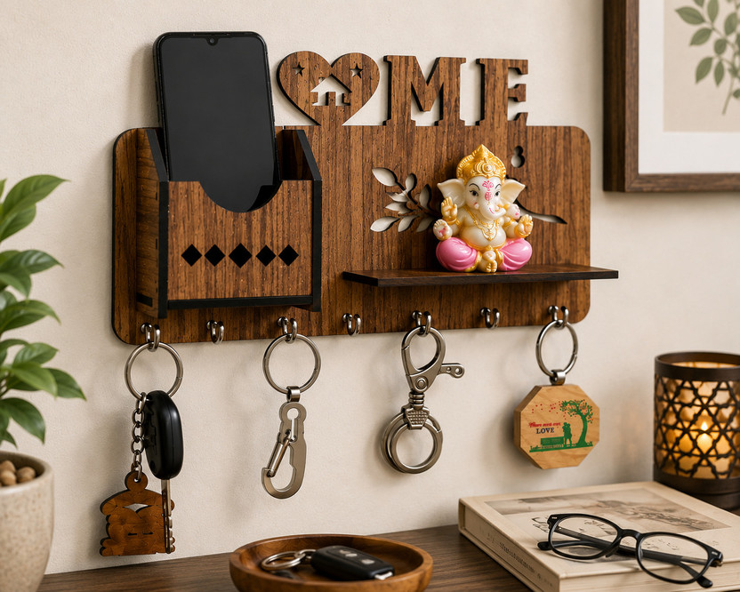 Arpita Crafts HEARTHOME Wood Key Holder(7 Hooks, Beige)