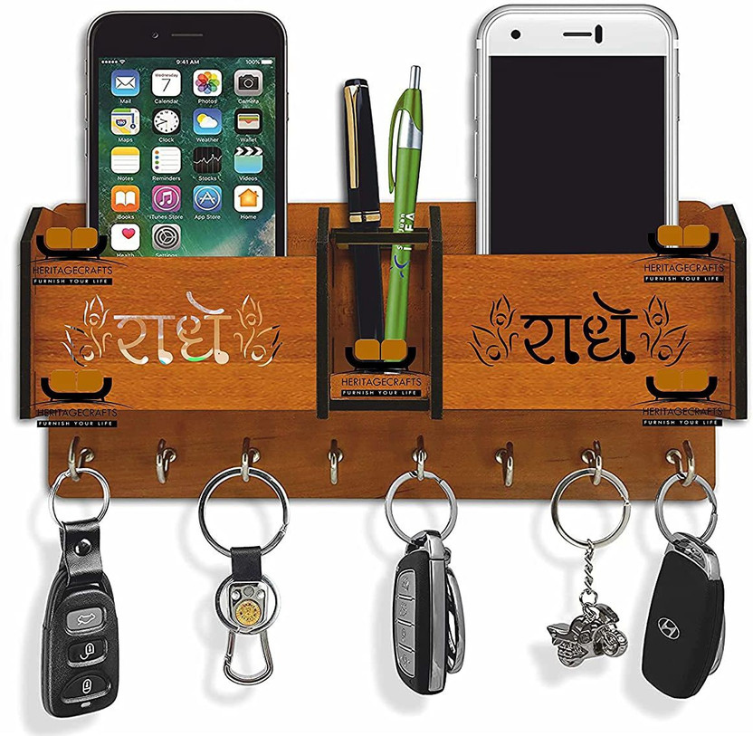 NewCrafts 2 Pocket Mobile Stand Holder for Wall | Key Holder for Wall Furniture for Home Wood Key Holder(8 Hooks, Brown)