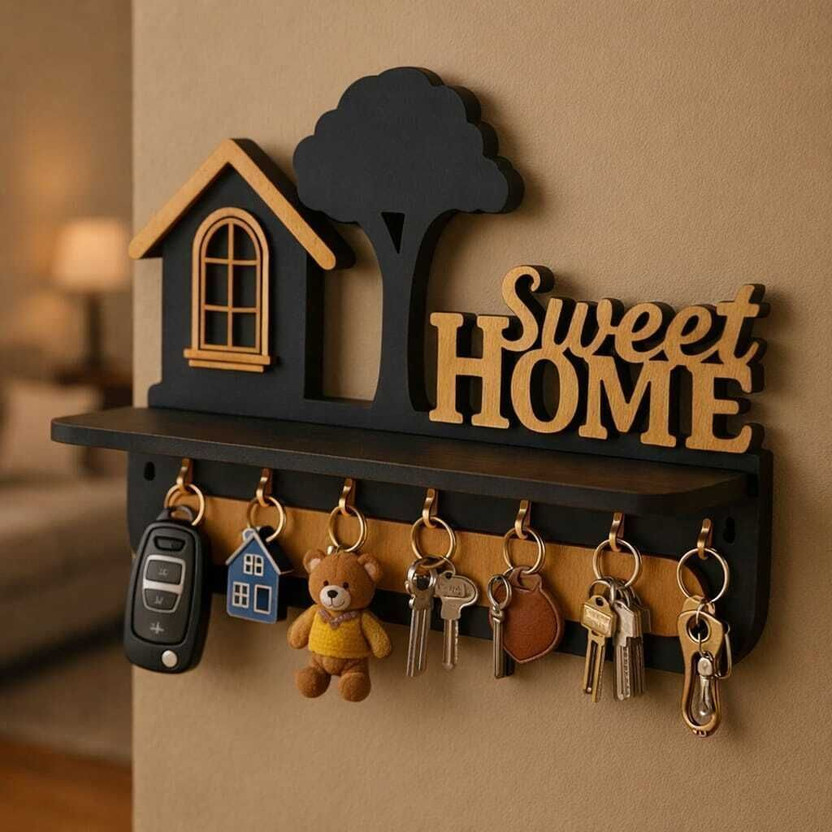 Sravana Sweet Home Classic Home Theme Wooden Key Organizer Wood Key Holder(8 Hooks, Brown)