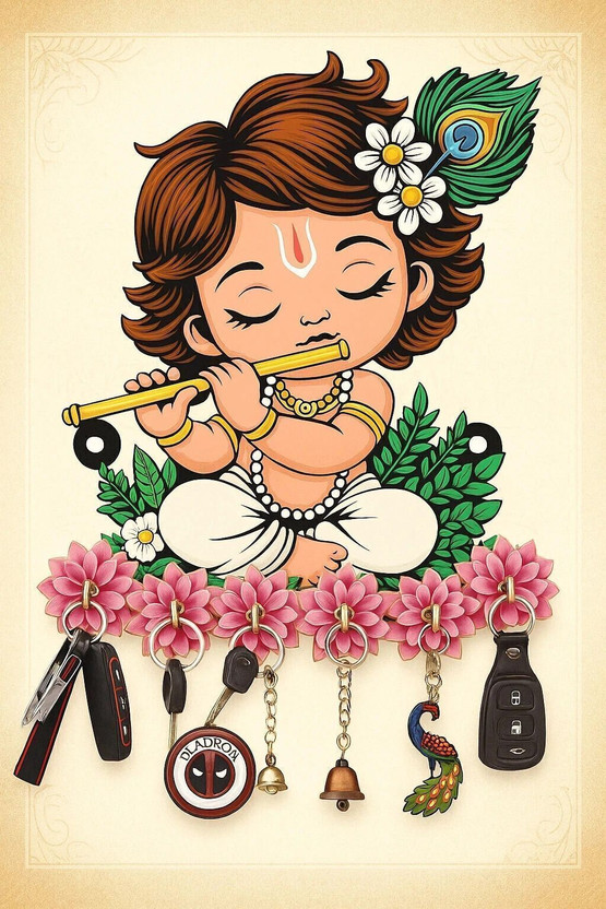 CAPIO ART Designer Premium HD UV Printed Krishna Shape designer Home And Office Decor Wood Key Holder(7 Hooks, Multicolor)