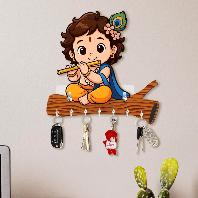 CAPIO ART Designer Printed Krishna Shape Home Decor/Wall decor/key hanger/key organiser Wood Key Holder(7 Hooks, Multicolor)