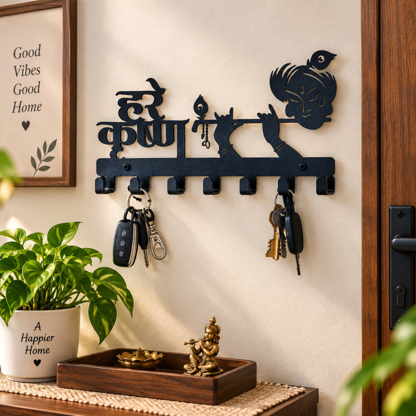 CAPIO ART METAL CUT DESIGNER/DURABLE Hare Krishna Iron Key Holder(7 Hooks, Black)
