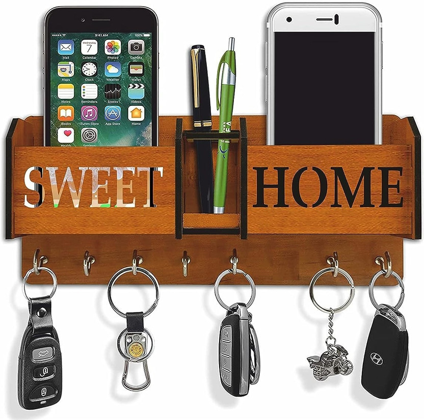 SNDArt Home Decor items | Key Holder For Wall | Mobile Holder For Wall | Key Stand Wood Key Holder(7 Hooks, Multicolor)