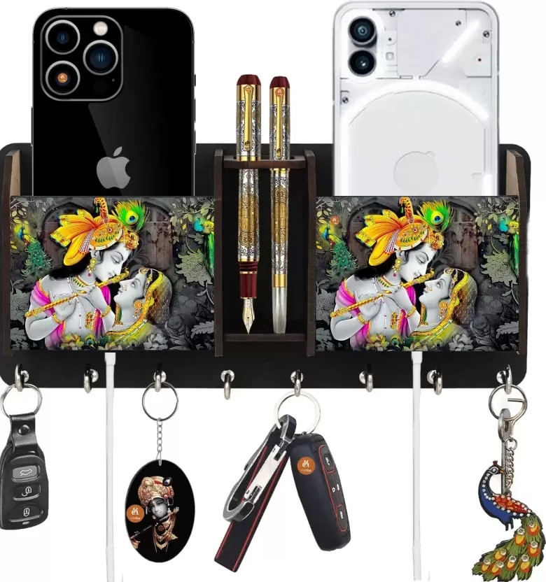 NCC Radhakrishna Wood Key Holder(8 Hooks, Black)