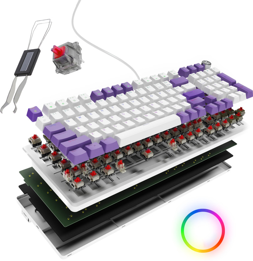 Kreo Hive Full Size Wired Gaming Mechanical Keyboard,Outemu Switches & RGB Backlight Wired USB Standard Gaming Keyboard Compatible with Desktop, Laptop, Mac Easy to Use,Plug and Play,Quick, Comfy Durable body(White Purple, Red Switch)