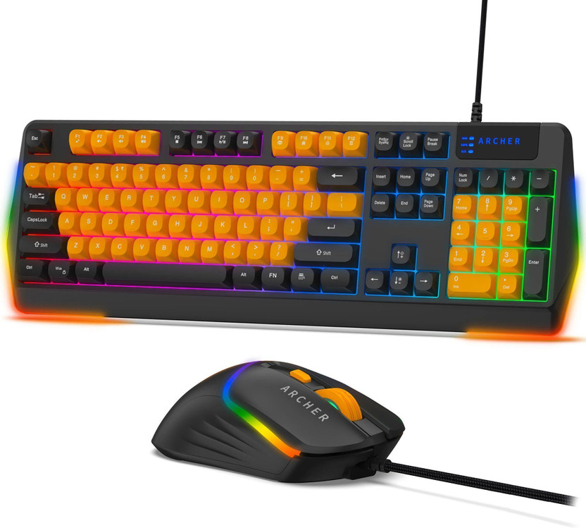 Archer Tech Lab RGB Keyboard & Mouse Combo, 104 Keys,7200 DPI,13 Lighting Modes,19 Anti-Ghosting Wired USB Standard Gaming Keyboard Compatible with Desktop, Laptop, Mac(Orange, Black)