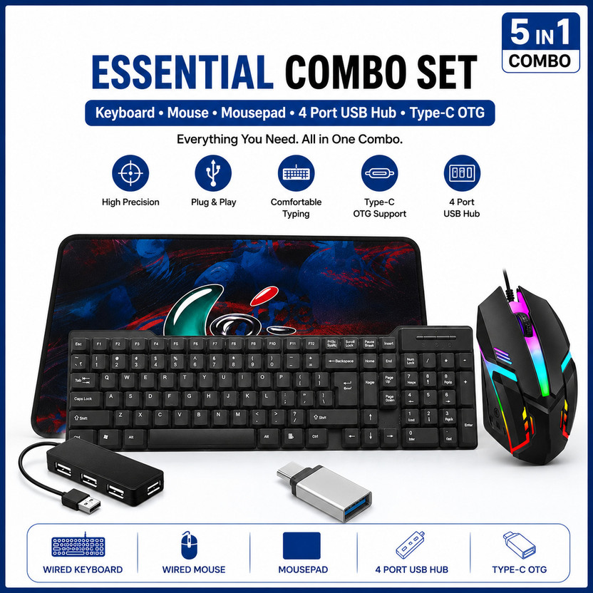 RB TECH GAMING COMBO 5 IN 1 SET Wired USB Standard Gaming Keyboard Compatible with Desktop, iPad, Laptop, Mac, Tablet(Black)