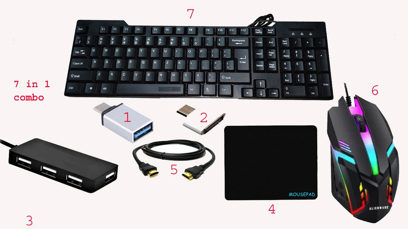 RSG 7 IN 1 COMBO Wired USB Standard Laptop Keyboard Compatible with Desktop, Laptop, Mac(Black, Multicolor)