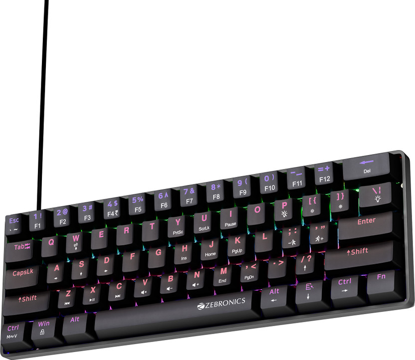 ZEBRONICS ZEB-MK1 Wired USB Tenkeyless Gaming Keyboard Compatible with Desktop, Laptop, Mac Silent linear Red Switches, 26 Anti Ghosting, Double shot KeyCaps, 17 LED Modes, 61 keys,Mechanical(Black)