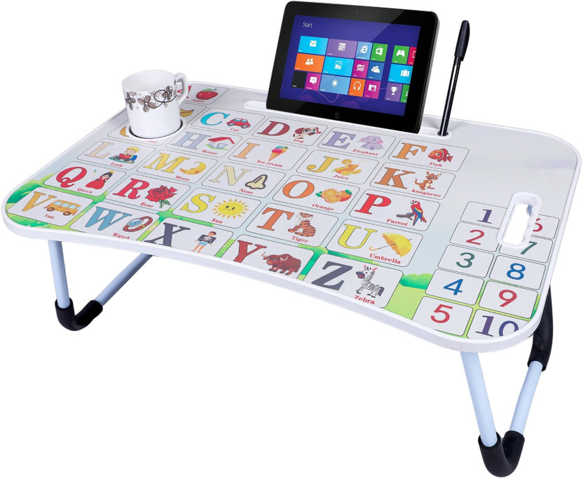 Kiara Quality First Alphabet Prints Protable Foldable Table for Study & Work, Best for Work Home Solid Wood Study Table(Finish Color - White, Pre-assembled)