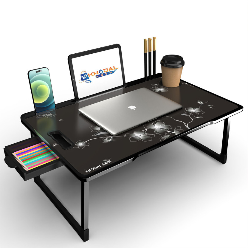 KHODAL ARTH US BIDING Black Flower COATED Laptop Study Table Wood Portable Laptop Table(Finish Color - FLOWER, Pre Assembled)