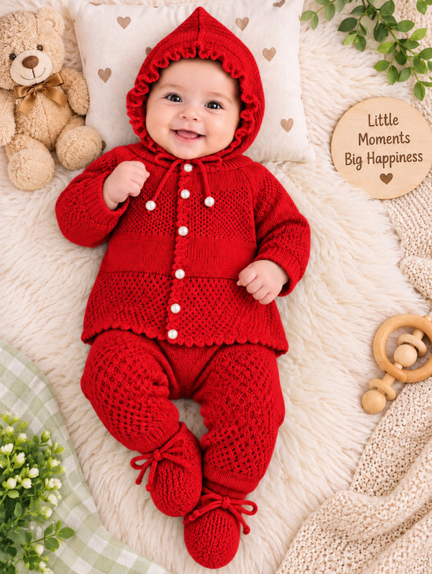 Nuvilo Baby Girls Casual Sweater Cap, Bootie, Pyjama(Red, Pack of 1)