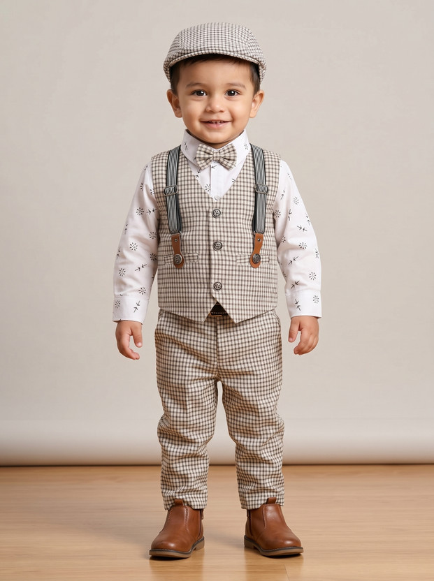 Qutie Ninja Baby Boys Party(Festive) Waistcoat Bow Tie, Cap, Pant, Shirt, Suspenders(Beige Brown, Pack of 1)