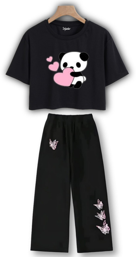 Stylander Girls Casual T-shirt Pyjama(BLACK)