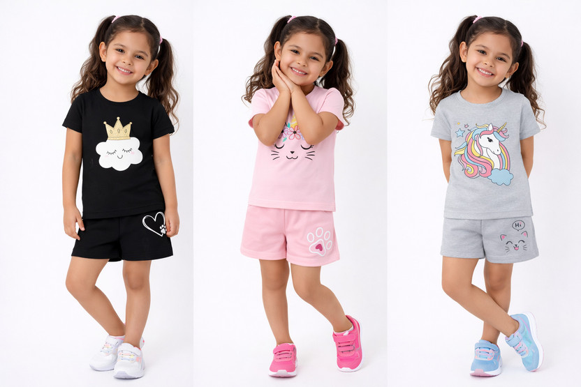 APN Girls Casual T-shirt Shorts(Multicolor)
