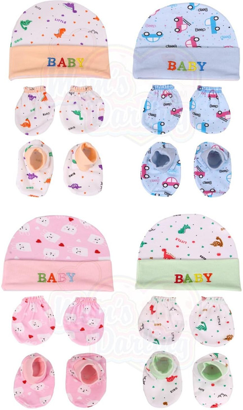 HOUSE OF COMMON Newborn Baby Cotton Mitten Sets with Cap and Booties/Newborn Cap Set/Gloves Set(Multicolor)