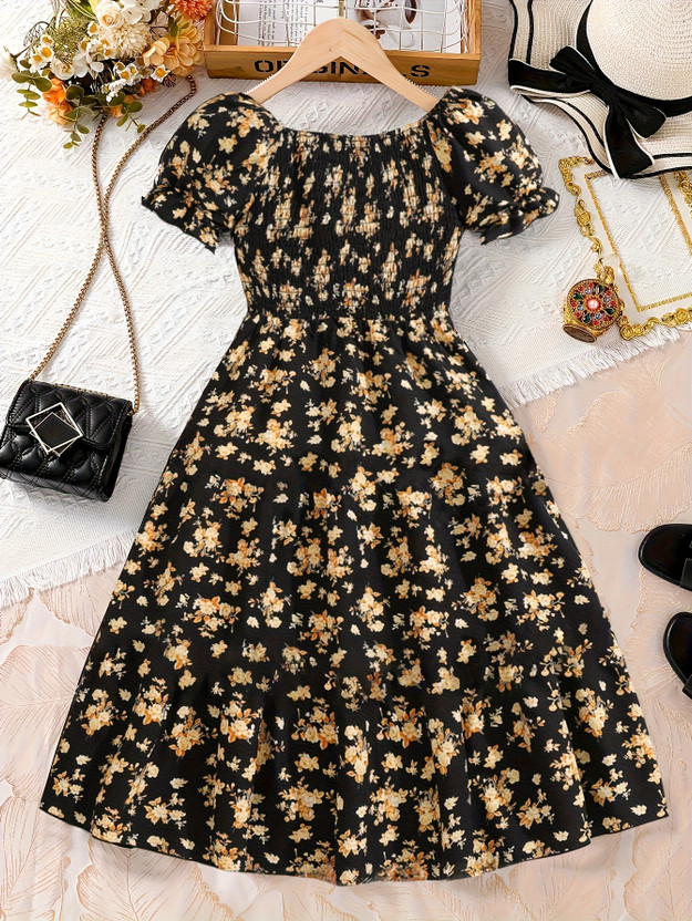 Ethit Girls Midi/Knee Length Party Dress(Black, Short Sleeve)