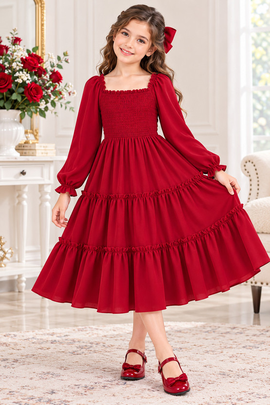 Ethit Indi Girls Maxi/Full Length Casual Dress(Red, Full Sleeve)