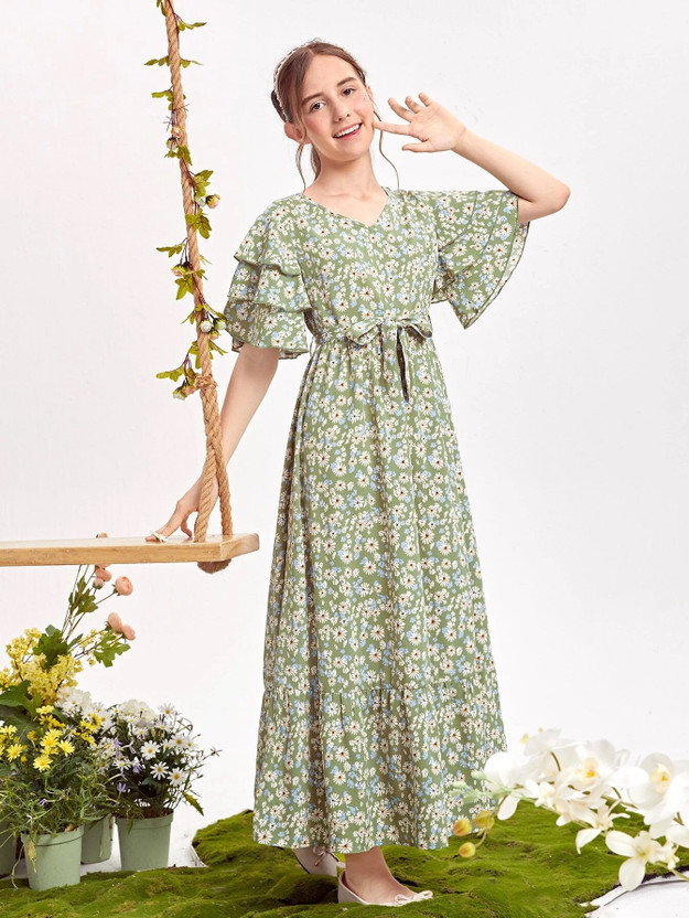 Miss & Chief Girls Maxi/Full Length Party Dress(Green, Half Sleeve)