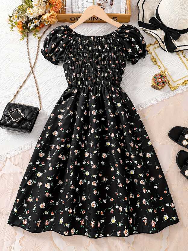Ethit Indi Girls Midi/Knee Length Party Dress(Black, Short Sleeve)
