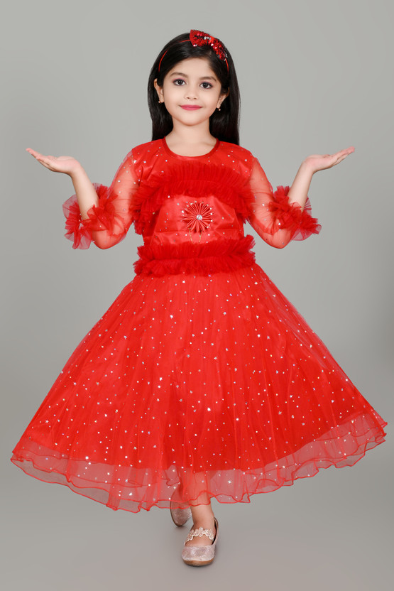 Zenat Girls Below Knee Party Dress(Red, Full Sleeve)
