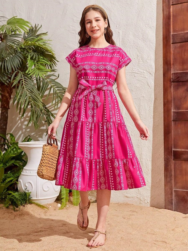 Miss Miss & Chief Girls Below Knee Party Dress(Pink, Short Sleeve) - Flipkart Deal