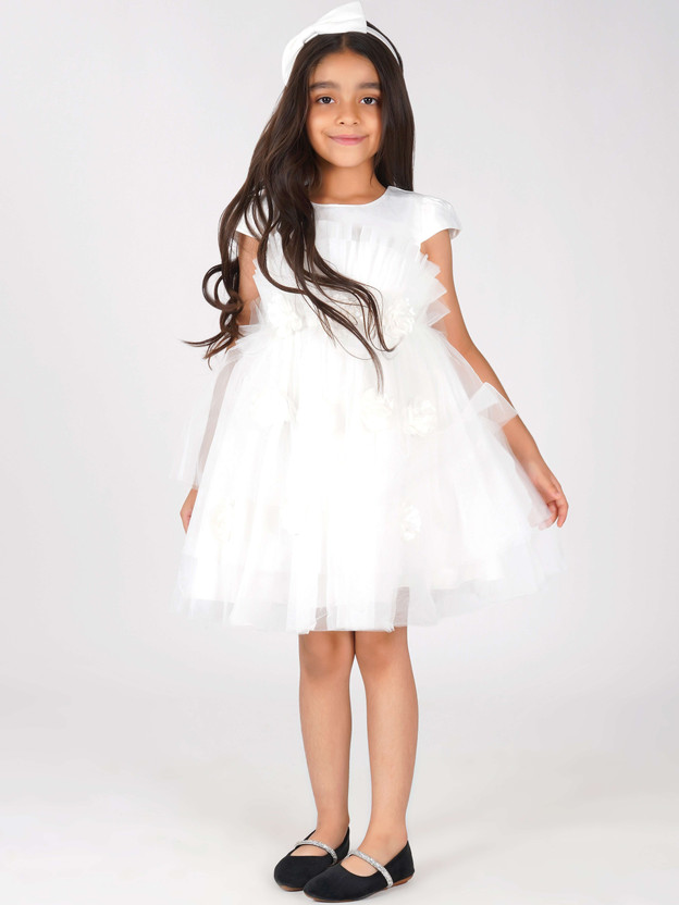 CREATIVE KID'S Girls Midi/Knee Length Party Dress(White, Short Sleeve)
