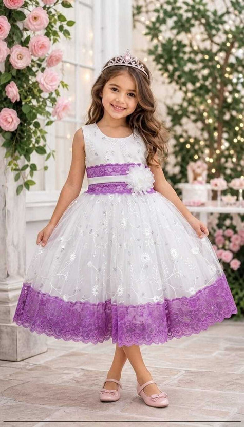 newsifa newsifa Girls Below Knee Party Dress(White, Purple, Sleeveless) - Flipkart Deal
