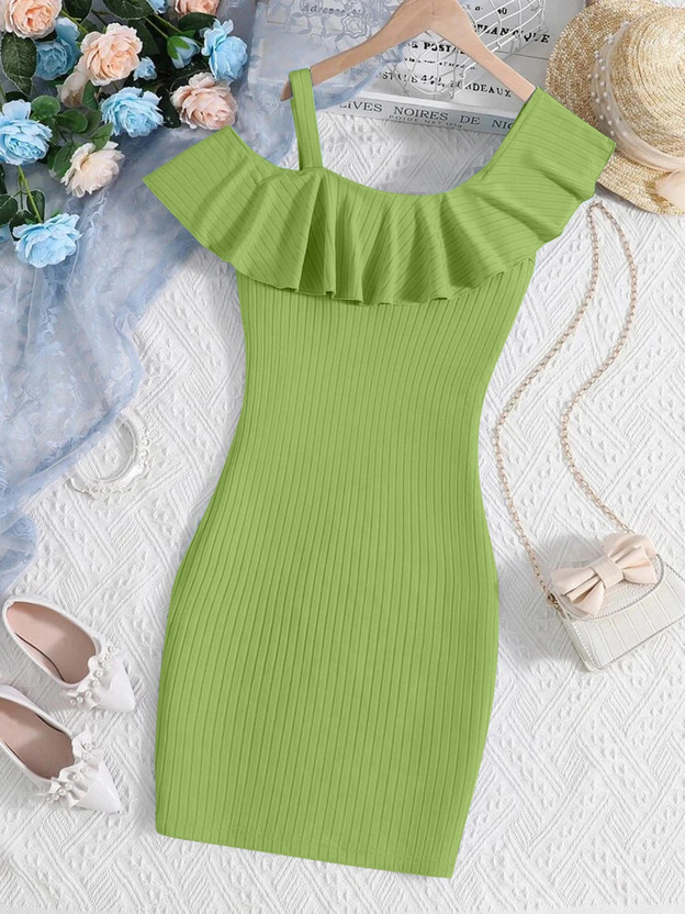 Dhanoo Fashion Girls Below Knee Party Dress(Green, Fashion Sleeve)