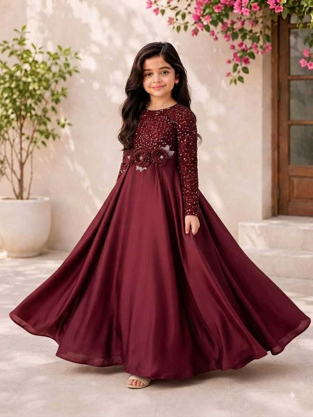 STYLED STYLED FASHION Girls Maxi/Full Length Party Dress(Maroon, Full Sleeve) - Flipkart Deal