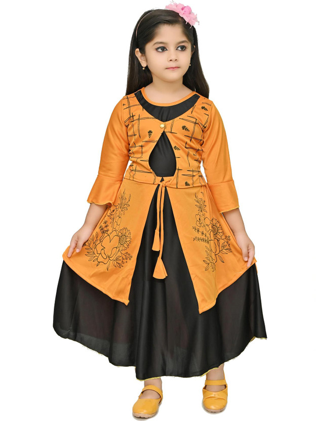 CHANDRIKA LIFESTYLE Girls Calf Length Party Dress(Yellow, 3/4 Sleeve)