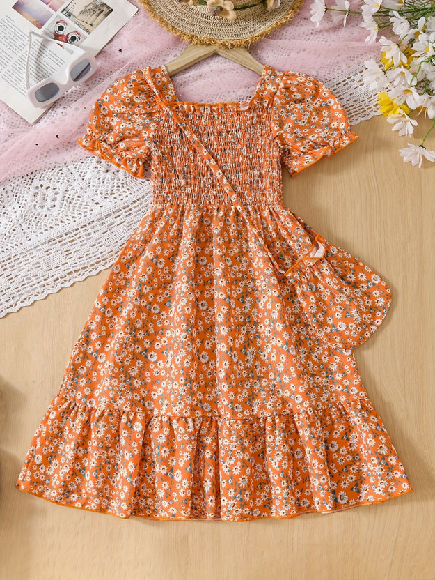 Ethit Indi Girls Midi/Knee Length Party Dress(Orange, Short Sleeve)