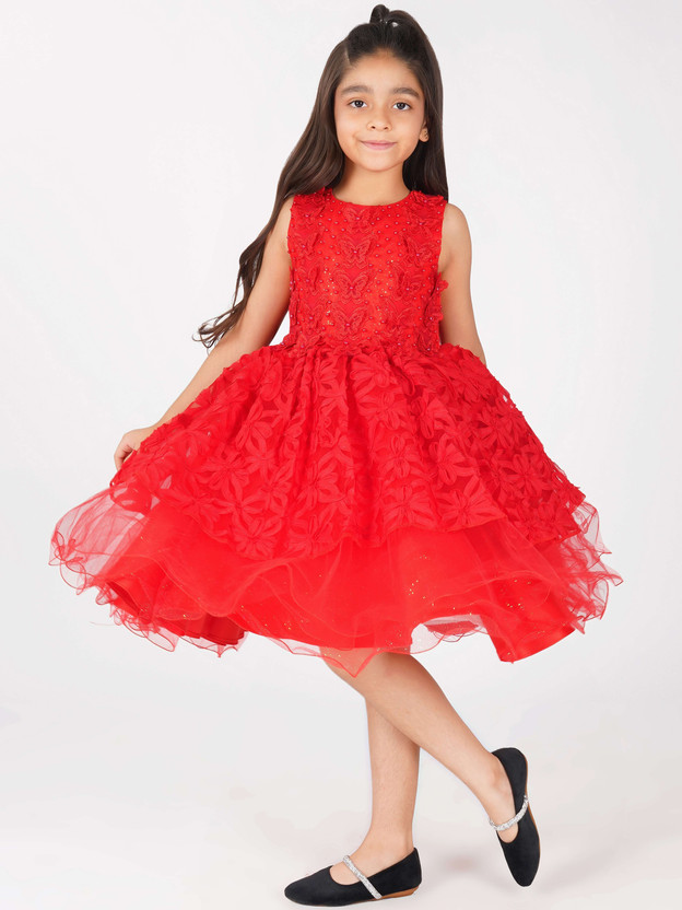 CREATIVE KID'S Girls Midi/Knee Length Party Dress(Red, Sleeveless)