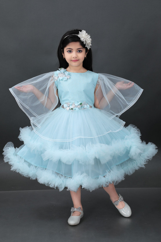 Bongprince Baby Girls Below Knee Party Dress(Light Blue, Fashion Sleeve)