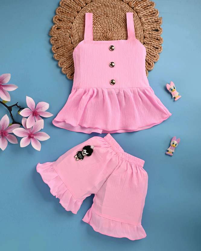 salma Girls Mini/Short Casual Dress(Pink, Sleeveless)