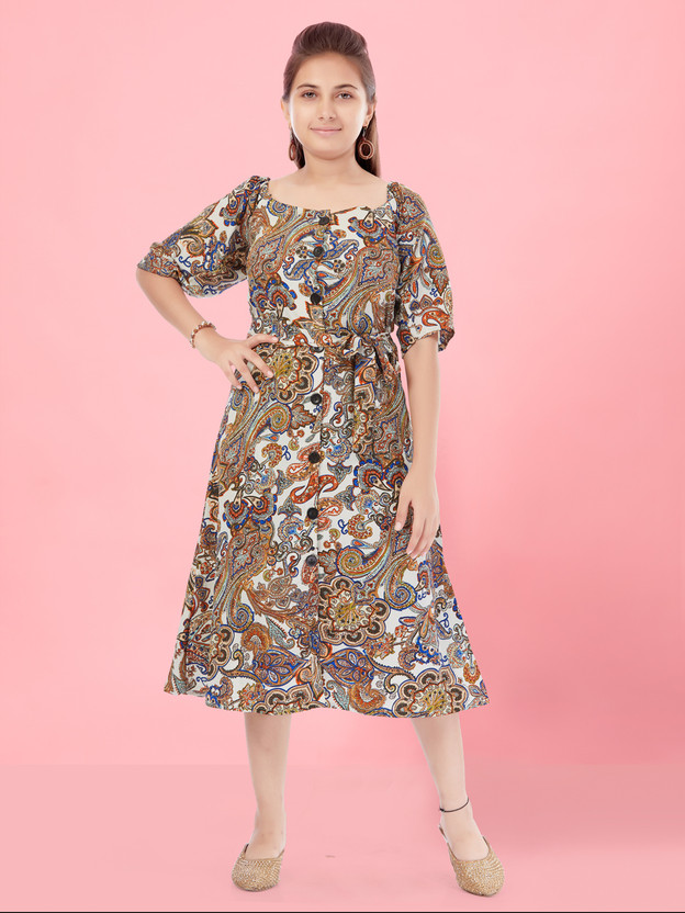 GLOBAL NOMAD Girls Below Knee Party Dress(Multicolor, Half Sleeve)