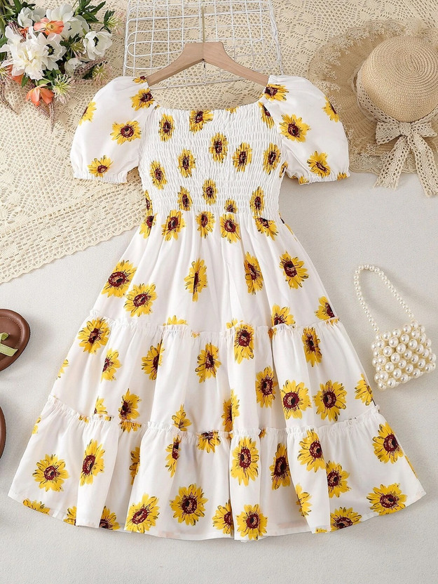 Miss & Chief Girls Midi/Knee Length Party Dress(Yellow, Short Sleeve)