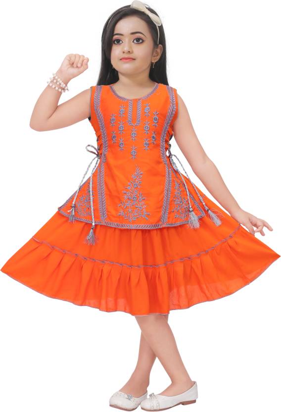 [Size 8 – 9 Years] Rishan Collection Girls Below Knee Casual Dress  (Orange, Sleeveless)