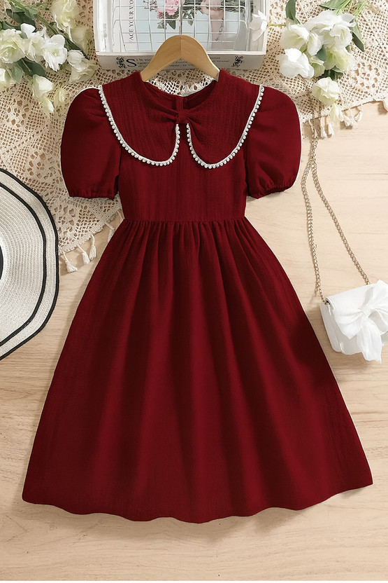 MENSBIT Girls Midi/Knee Length Party Dress(Maroon, Half Sleeve)