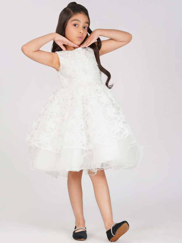 CREATIVE KID'S Girls Midi/Knee Length Party Dress(White, Sleeveless)