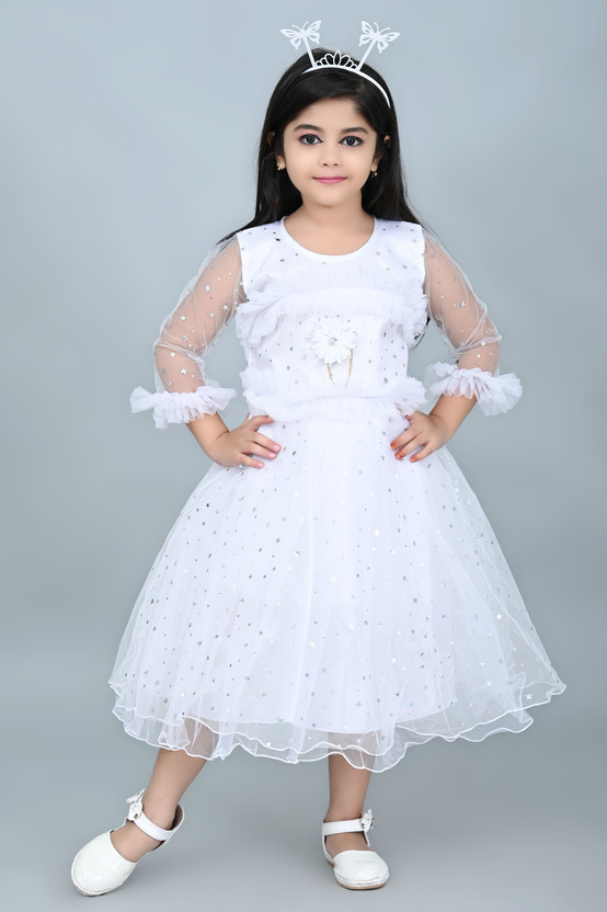 Zenat Girls Below Knee Party Dress(White, Full Sleeve)