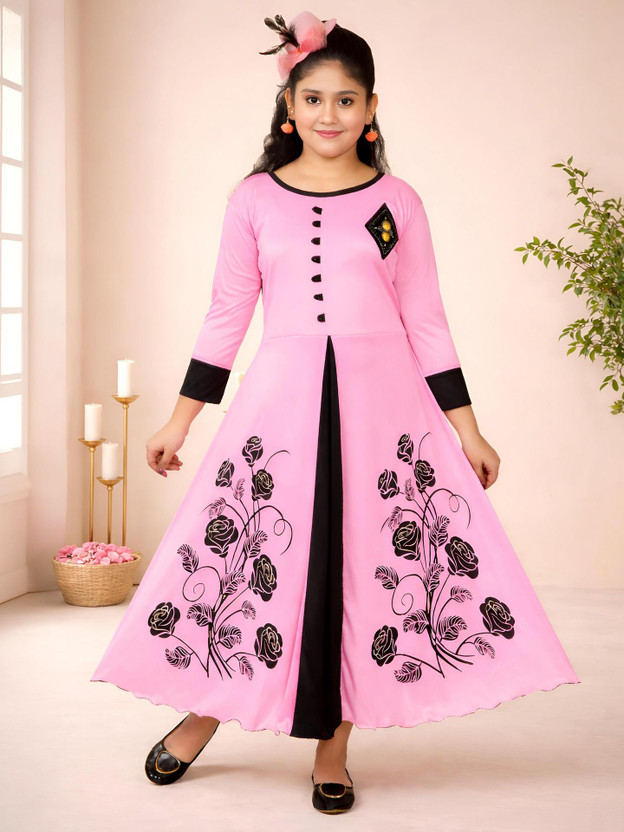 KAARIGARI Girls Maxi/Full Length Party Dress(Pink, 3/4 Sleeve)
