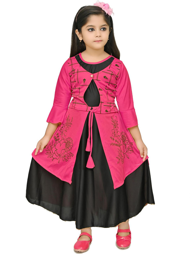 CHANDRIKA LIFESTYLE Girls Calf Length Party Dress(Pink, 3/4 Sleeve)