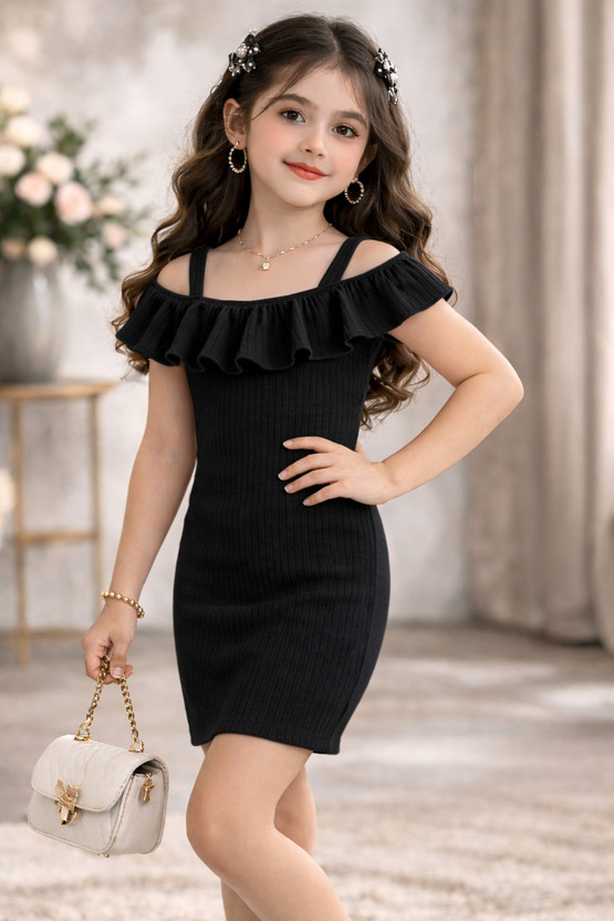 YCT Girls Above Knee Party Dress(Black, Sleeveless)