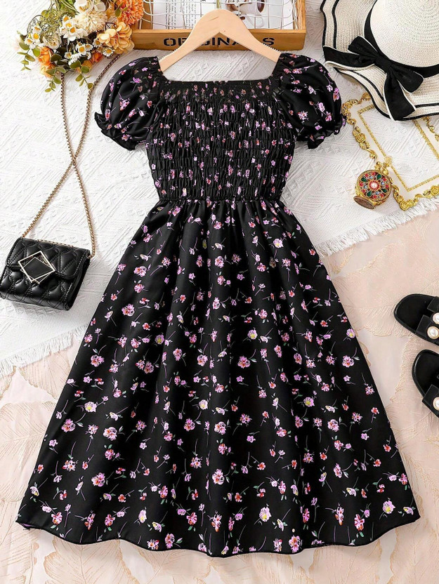Ethit Indi Girls Midi/Knee Length Party Dress(Pink, Black, Short Sleeve)