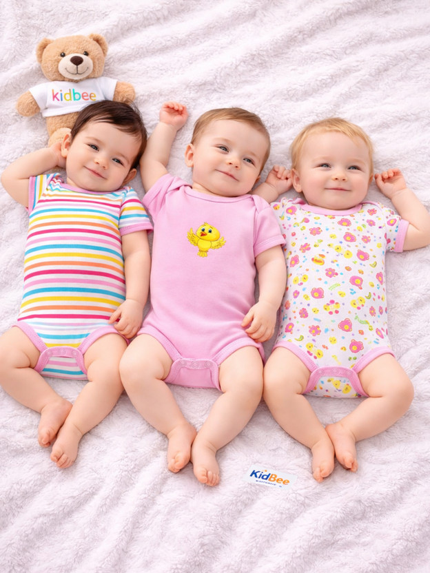 KidBee Romper For Baby Boys & Baby Girls Casual Printed Hosiery, Cotton Blend(Multicolor, Pack of 3)