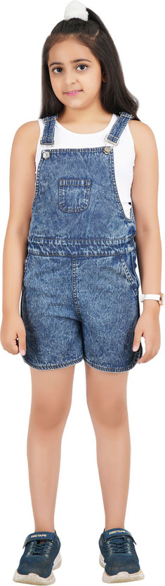 Being Naughty Dungaree For Girls Casual Solid Cotton Linen Blend, Denim(Blue, Pack of 1)