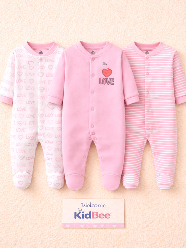 KidBee Romper For Baby Boys & Baby Girls Casual Striped, Printed Cotton Blend(Multicolor, Pack of 3)