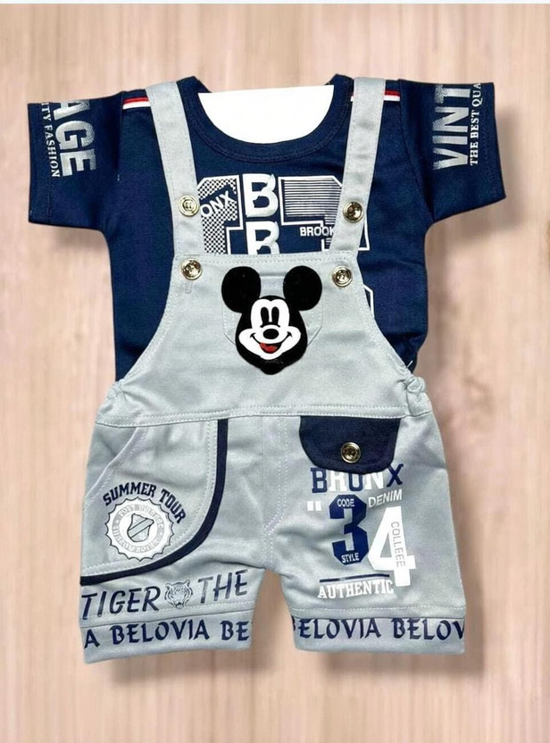 LITTLE MAMA Dungaree For Baby Boys Self Design Cotton Blend(Grey, Pack of 1)